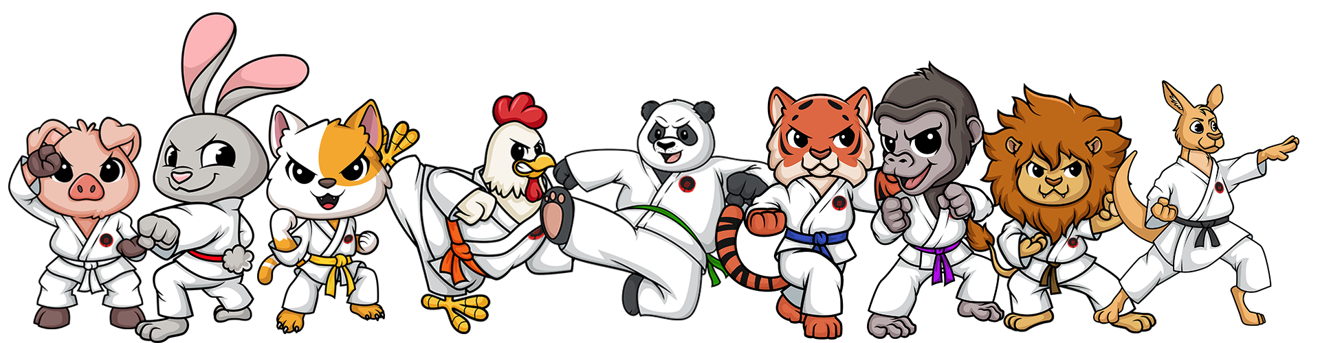 Karate animals wearing all colour karate belts